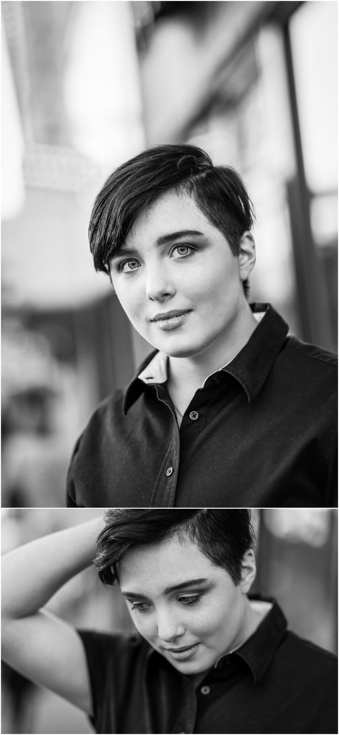 black & white portrait of transgender high school man taking a senior portrait