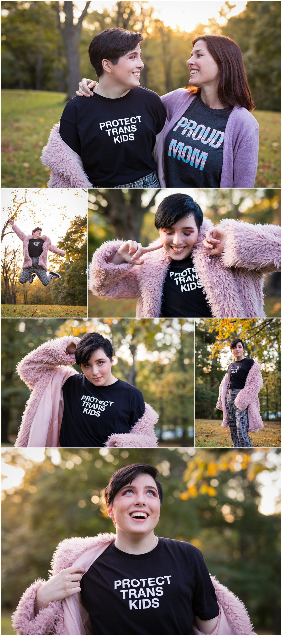 trans high school student senior portrait with pink jacket in park